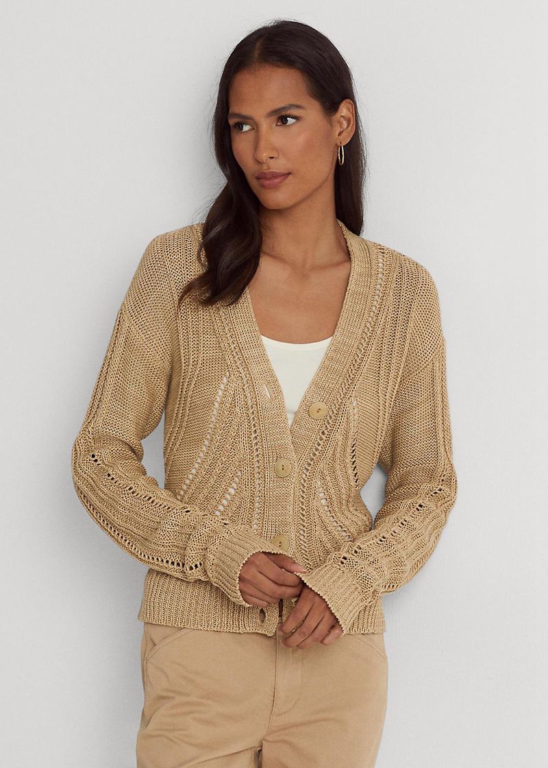 Sueter Lauren Mujer Pointelle-Knit Linen-Cotton Cardigan Chile Marrones YVWDG-3976